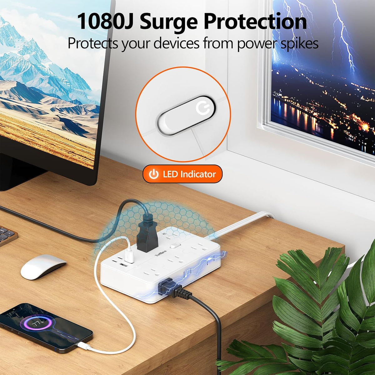 Surge Protector Power Strip 1 FT Flat Extension Cord ，10 AC Outlets & 4 USB Ports(5V/3.4A 17W), 1080J ，Wall Mountable Desktop Charging Station with Flat Plug for Office Supplies and Home, White