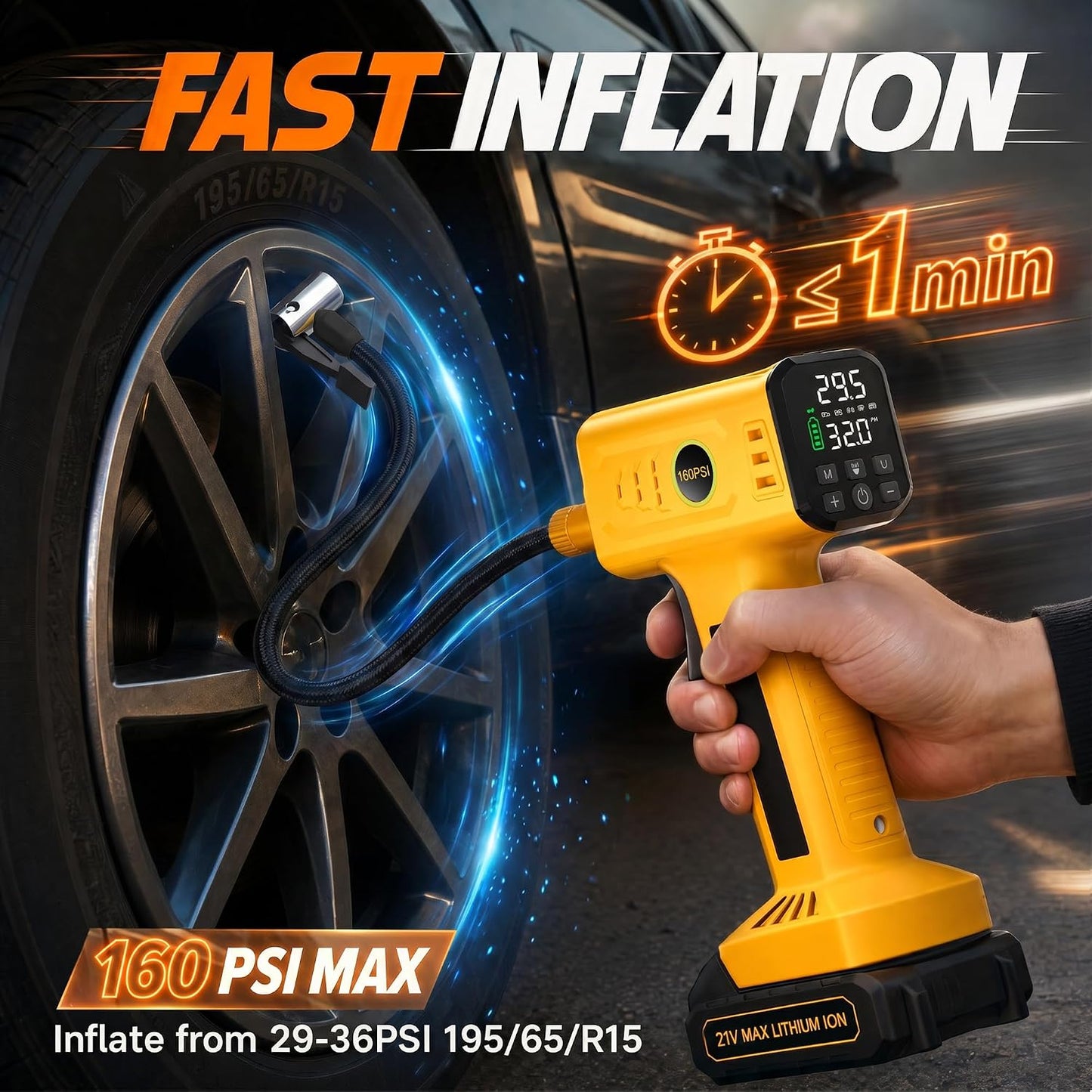 Tire Inflator Portable Air Compressor, Cordless Tire Inflator & DC | Fast Inflation, Rechargeable Battery, Auto Shut-Off, Digital Pressure Gauge, Air Pump for Car, SUV, Motorcycle, Bike, Ball
