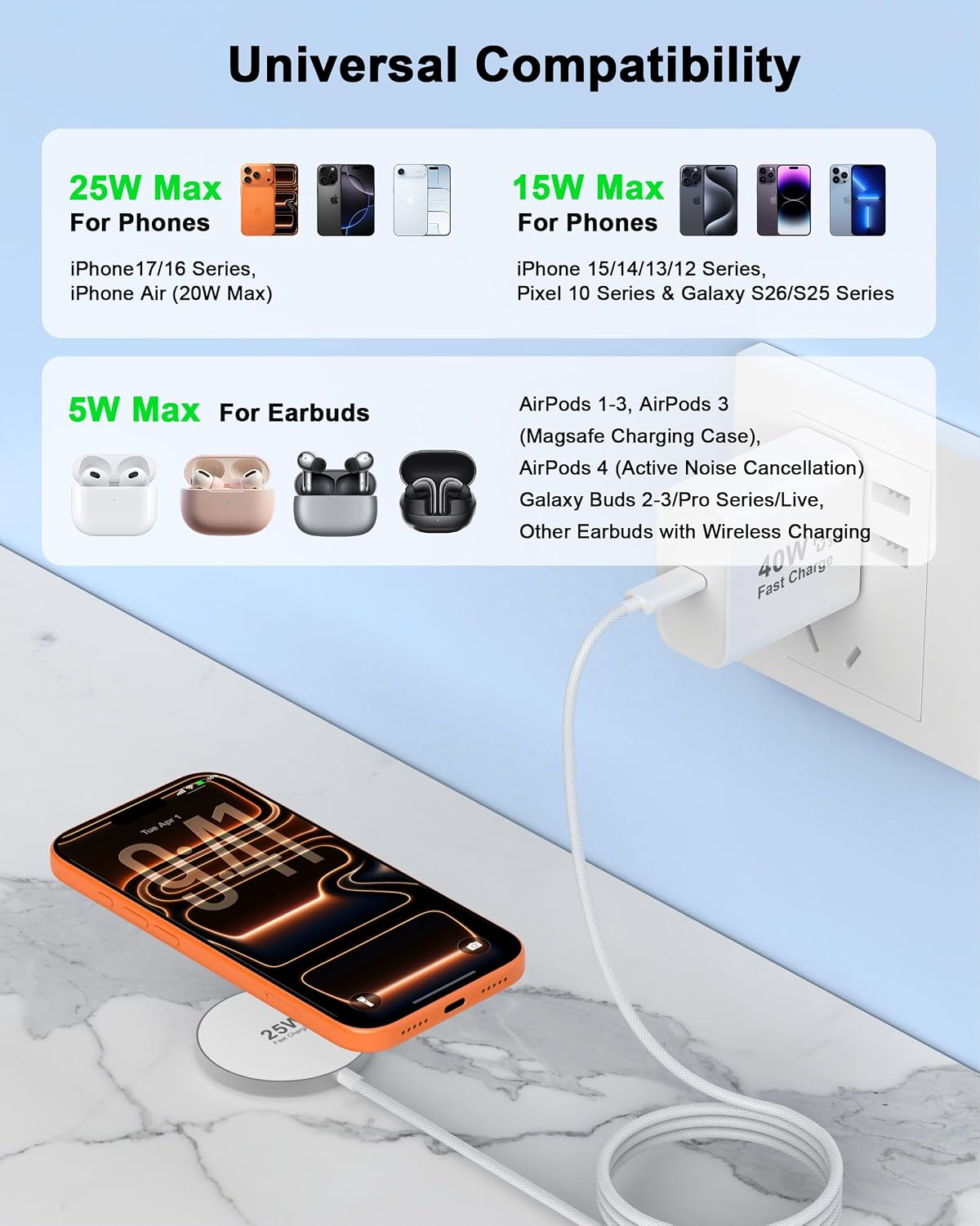 [Apple MFi Certified] 25W Magnetic Wireless Charger Apple Mag Safe Charger | 40W USB C Charger Block & 25W Mag-Safe Wireless Fast Charging Pad, for iPhone 17 16 15 14 13 12 Pro Max/AirPods 4/3/2/Pro
