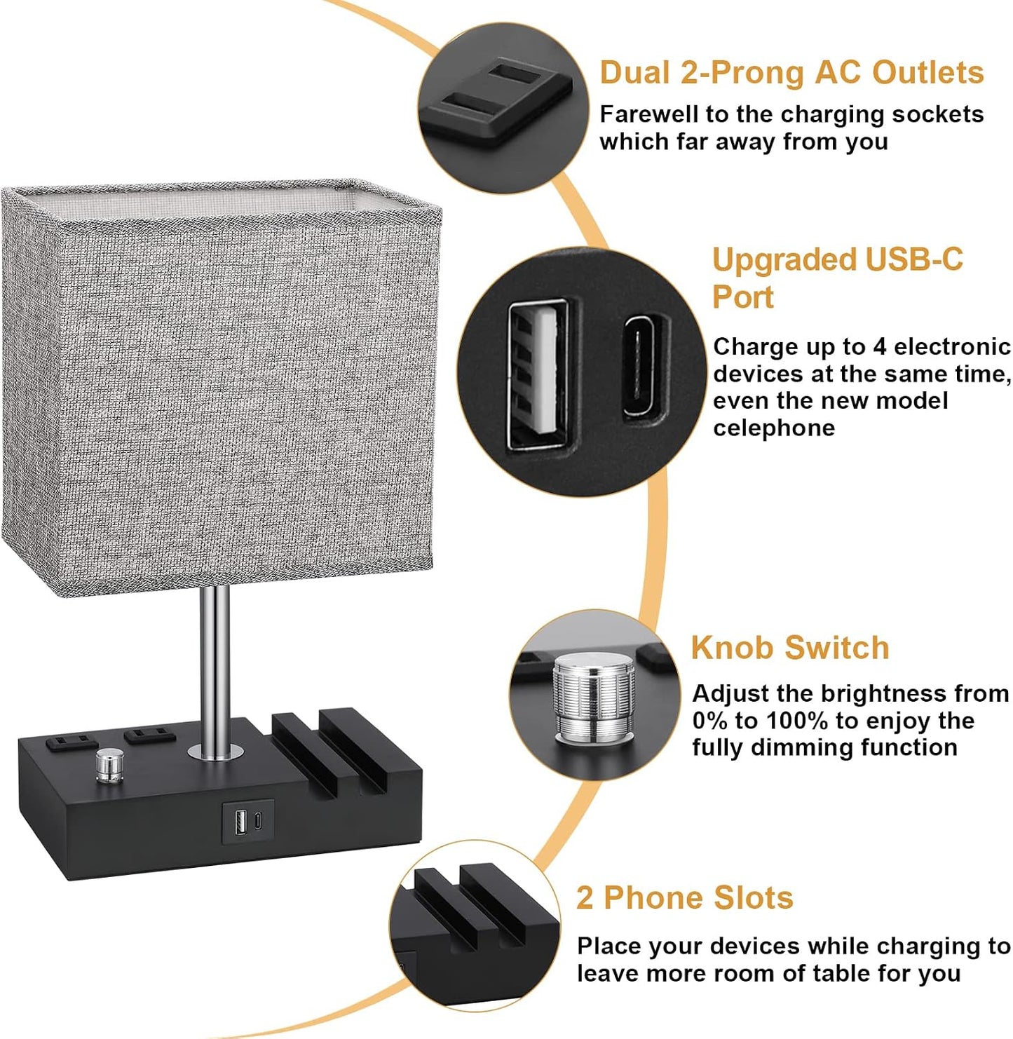 Bedside Table Lamp for Bedroom Nightstand - Stepless Dimmable, 2 AC Outlets | Dimming By Rotary Knob, USB C+A Ports, 2 Phone Stands, LED Bulbs Included, Rectangle Grey Fabric Shade, for Living Room, Desk