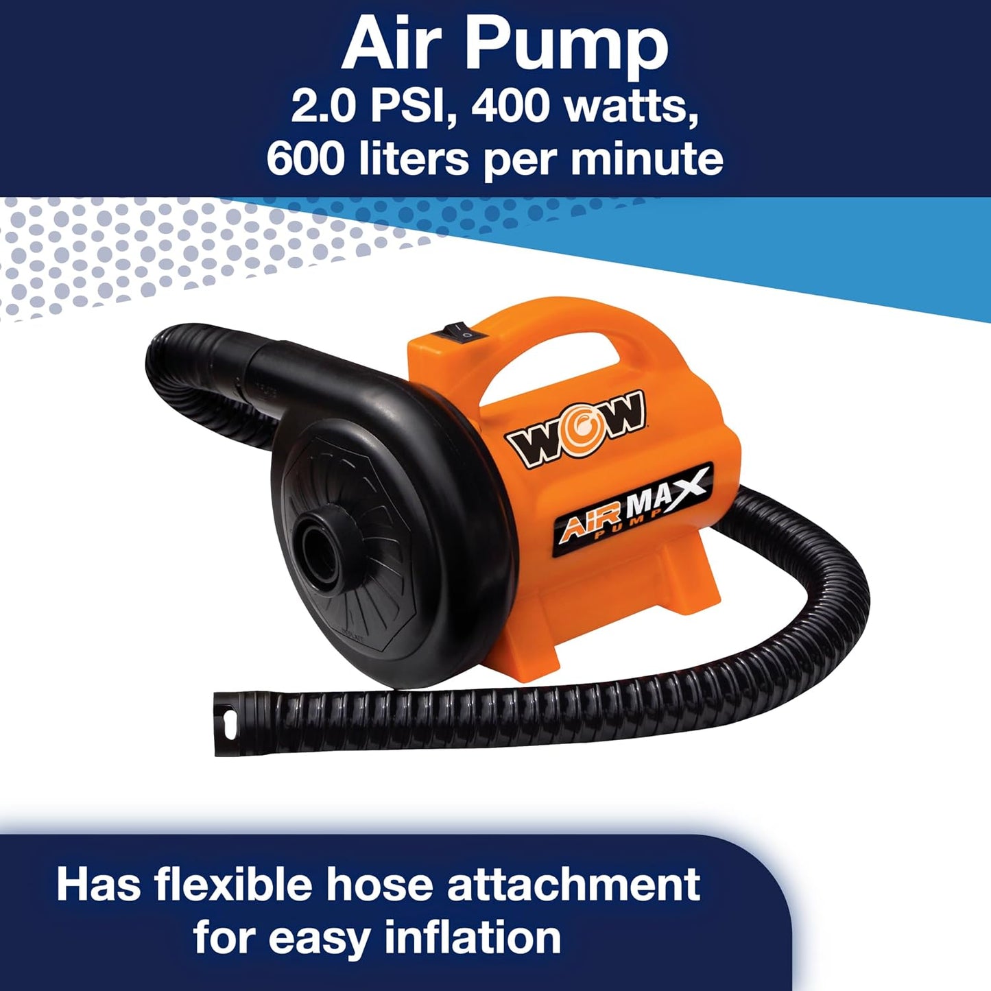 WOW Sports 120V AC Electric Pump - 600 L/min Air Inflator - 5 Adapters | A 120V AC air pump for towables, pool floats, and air mattresses. 600 L/min; adapters for Boston, pinch, and standard valves.