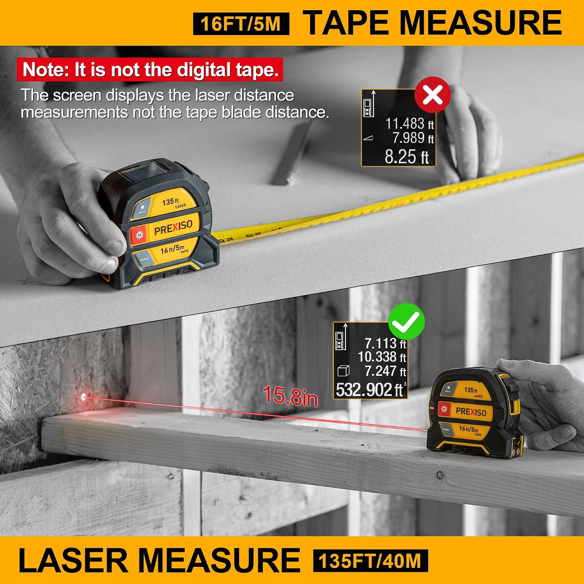 PREXISO 2-in-1 Laser Tape Measure 135Ft Rechargeable Laser Measurement Tool | 16Ft Measuring Tape with Movable Magnetic Hook - Pythagorean, Area, Volume, Ft/Ft+in/in/M Unit NOT Digital