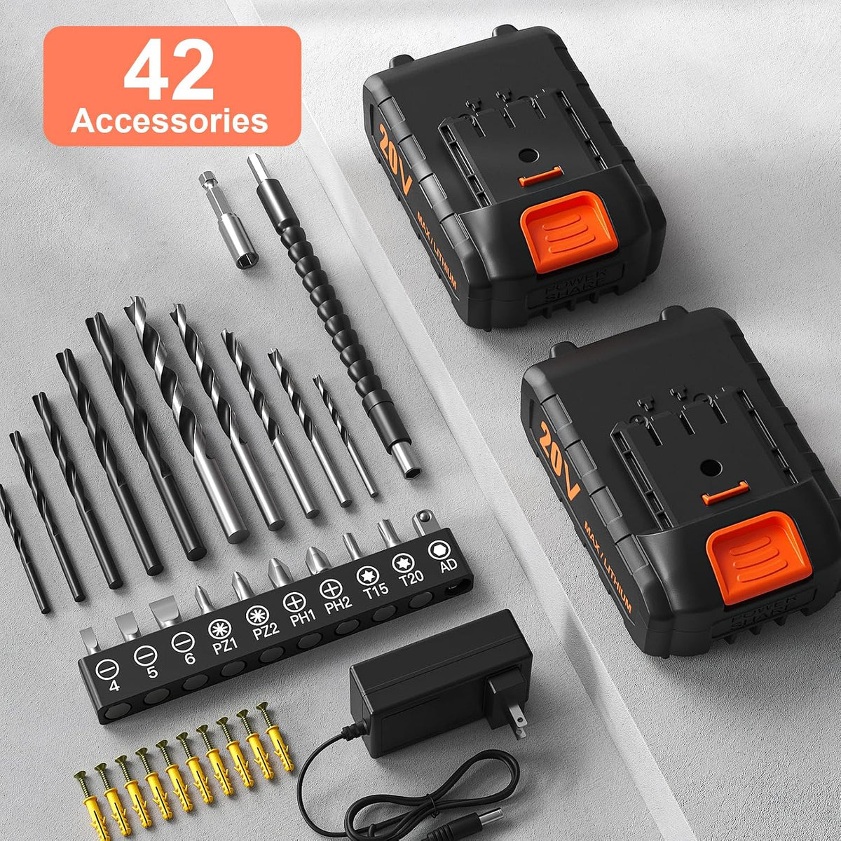 Cordless Drill, 20V Power Drill, Double 2000mAh Power Pack Electric Drills, Cordless Drills with Power Pack and Charger, 3/8" Keyless Chuck Screwdriver with 25+1 Max 370 In-lb Torque, 42Pcs Bits