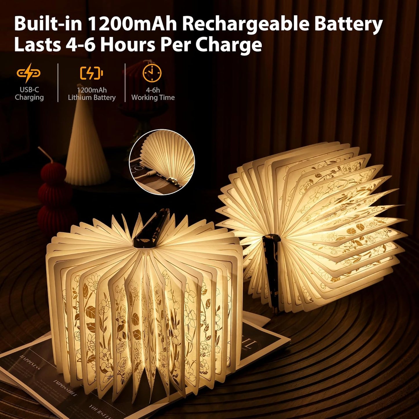 Book Lover Gift, Folding Book Lamp Decor, Portable Print Book Light | 1200mAh Rechargeable Night Light, Paper Desk Lamp, Reading Bookshelf Lamp, Gift for Women & Readers & Christmas (Black）