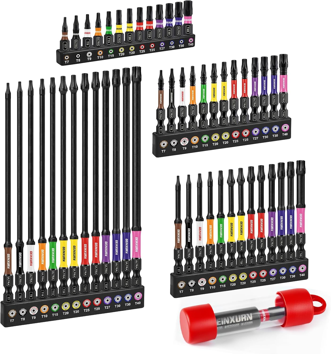 Impact Torx Screwdriver Bits Set, 52Pcs Magnetic(T7-T40) S2 Steel 1”/2”/3”/6” Long Extension Multi Star Driver Bits and 1Pc Bit Holder with Color Coded Base