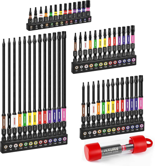 Impact Torx Screwdriver Bits Set, 52Pcs Magnetic(T7-T40) S2 Steel 1”/2”/3”/6” Long Extension Multi Star Driver Bits and 1Pc Bit Holder with Color Coded Base