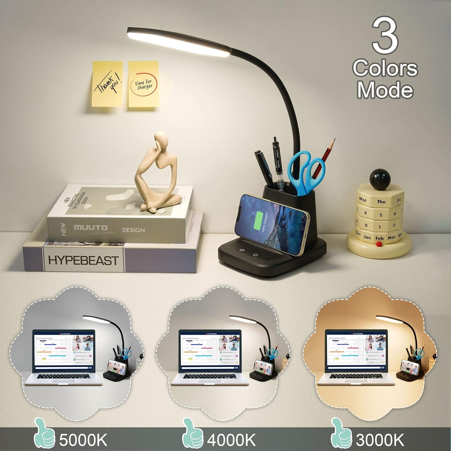 LED Desk Lamp with 10W Wireless Charging & Pen Holder, Black | CRI 95, 800LM, Stepless Dimming, 3 Modes, 360°Flexible Arm, Touch, Study Table Lamp for Home Office, Dorm Room, with Adapter