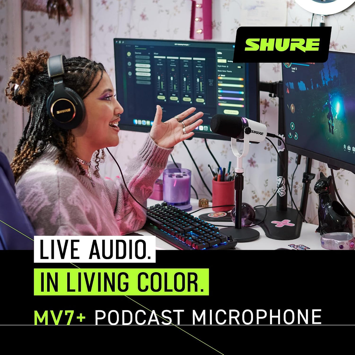 Shure MV7+ USB-C &amp; XLR Podcast Dynamic Microphone - White | USB-C and XLR dynamic mic with LED touch panel, auto level and pop filter for podcasting, streaming and recording