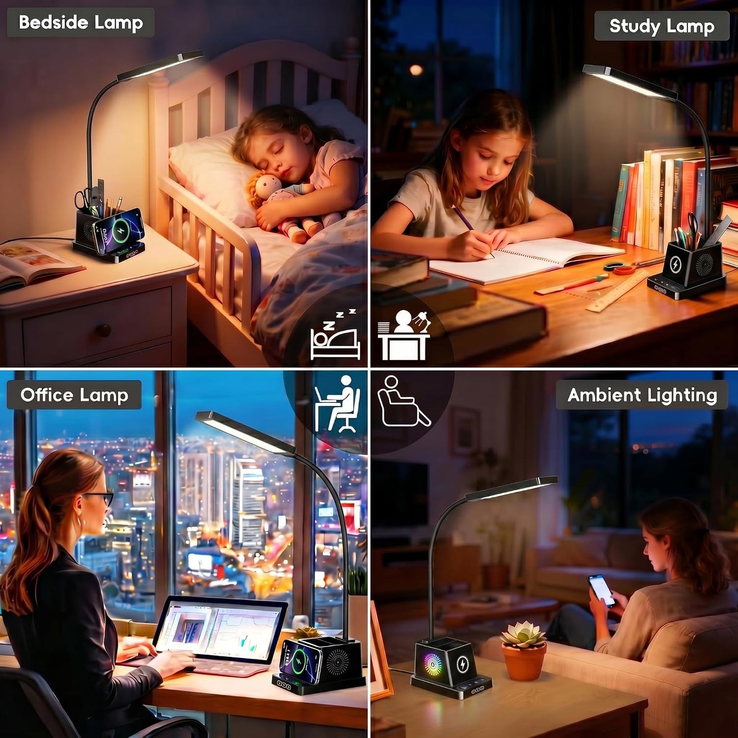 LED Desk Lamp for Dorm Office, 15W Wireless Charger Pen Holder, Black | Desk lamps for Home Office, 15W Wireless Charger, 3 Color Modes 4 Brightness Leves CRI 95, 800 LM Small Table Lamp for Dorm