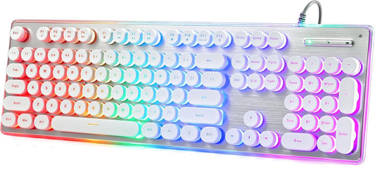 Typewriter Style Keyboard with Metal Panel, Rainbow LED Backlit, Round Keys, Anti-ghosting, Spill Resistant, Light Up USB Wired Retro 104 Keys for Office/Gaming, White/Silver