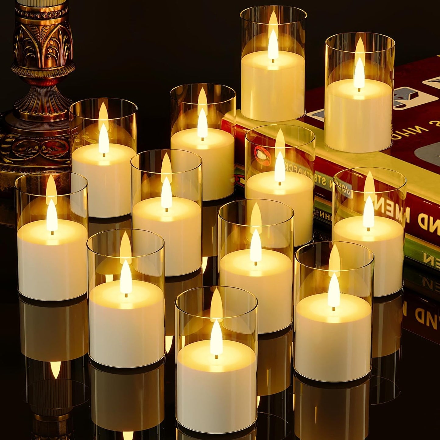 VIODAIM 12Pack Flickering Flameless LED Candles with Timer, Battery Powered - Small Pillar & Votive, Clear (2"X3") | Small Pillar & Votive Candle with Realistic Flickering Warm Glow for Centerpieces, Wedding Tables, Holiday, and Home Decor