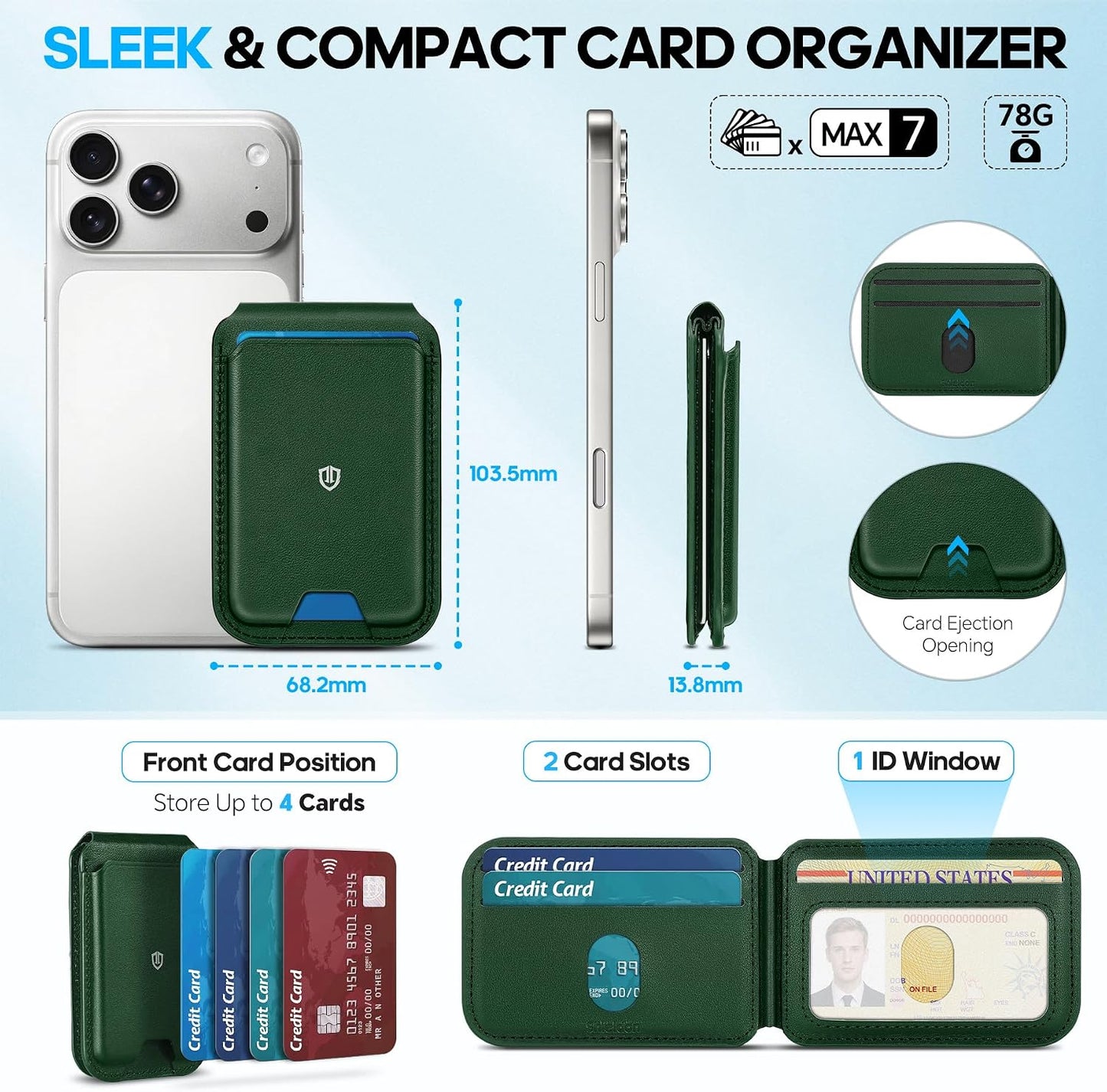 SHIELDON Genuine Leather Magnetic Wallet Stand for MagSafe, Evergreen | Strong Magnetic, 6 Card Holders, Kickstand, Rfid Blocking, Quick-access, ID Window, for iPhone 17/16/15/14/13/12 Series