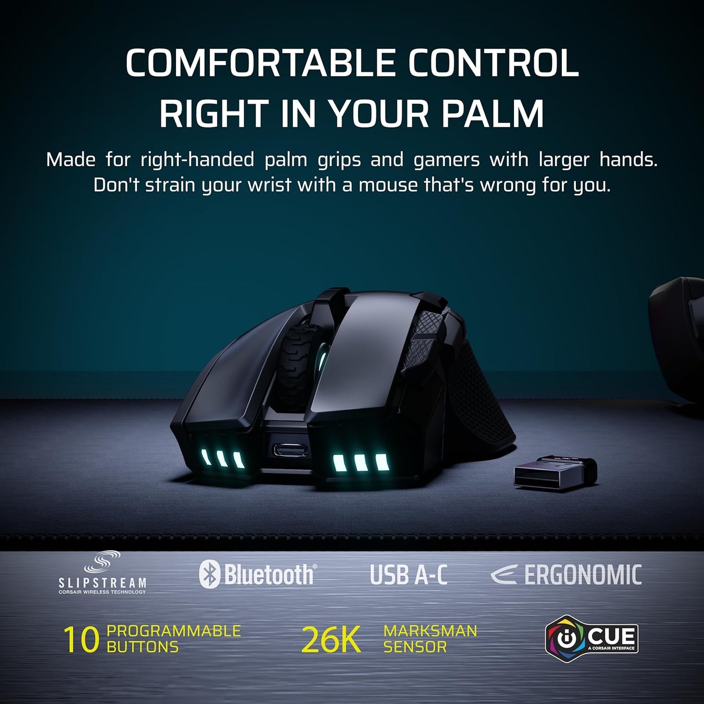 Corsair IRONCLAW Wireless SE Gaming Mouse – 26,000 DPI, Ergonomic Design for Larger Hands, 10 Programmable Buttons, for MOBA, FPS, MMO – Black