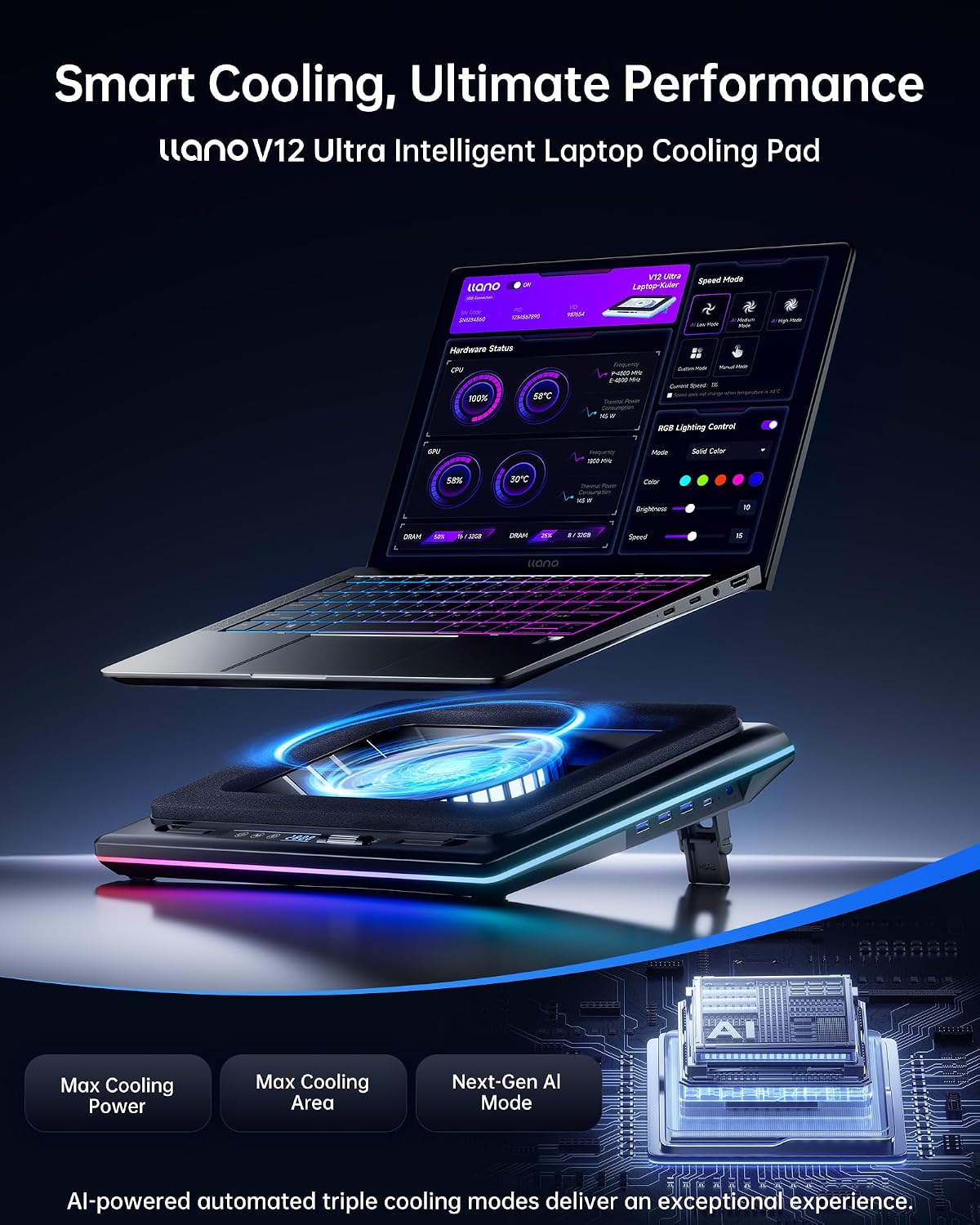 llano V12 Ultra Laptop Cooling Pad with Smart Software Control Laptop Fan | Laptop Stand RGB, 5.5" Turbo Fan, Adjustable Speed, 3-Port USB 3.0 Hub, 3 Height Stands, for 15.6"-19" Gaming Laptops, Black