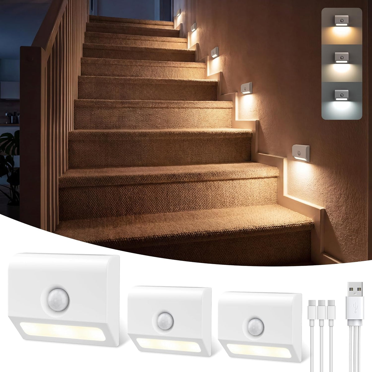 VOLISUN Rechargeable Motion Sensor Night Light, 3 Colors Temperature Stair Lights Indoor, Magnetic Portable Battery Night Light with Light Sensor for Hallway Bathroom Bedroom Closet White 3 Pack