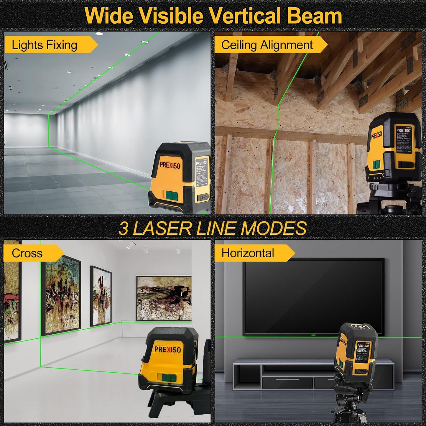 PREXISO Laser Level with Tripod, 100Ft Rechargeable Dual Modules Line Laser | Self Leveling Wide Angle Cross Leveler Tool for Construction, Floor Tile Renovation with Magnetic Base, Target Plate, Bag