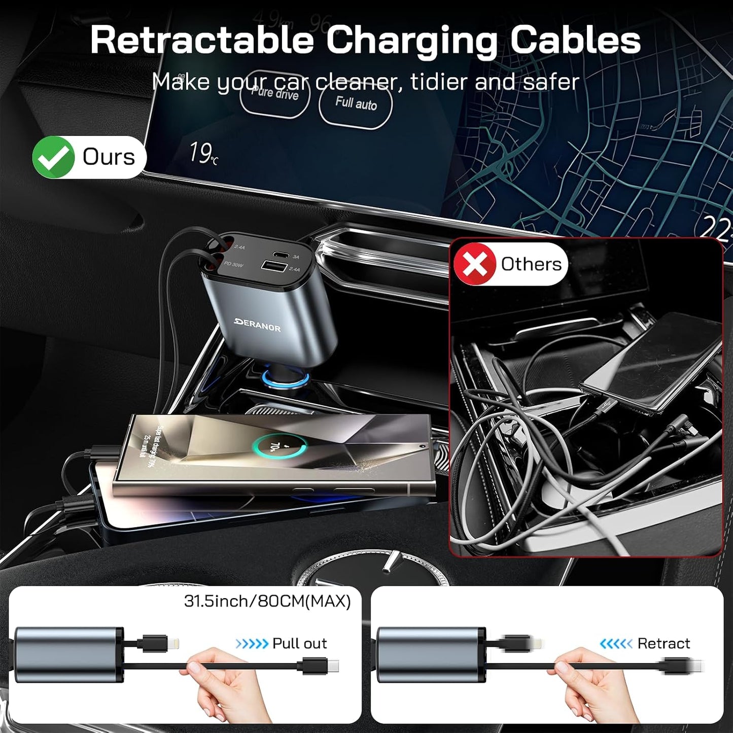 [2 Pack] Retractable Car Charger 4 in 1 Fast Car Phone Charger 69W, USB C Car Truck Accessories Adapter with 2X Retractable Charger Cords and 2X USB Ports for i Phone 17/16/15/14, for Samsung S25/S24