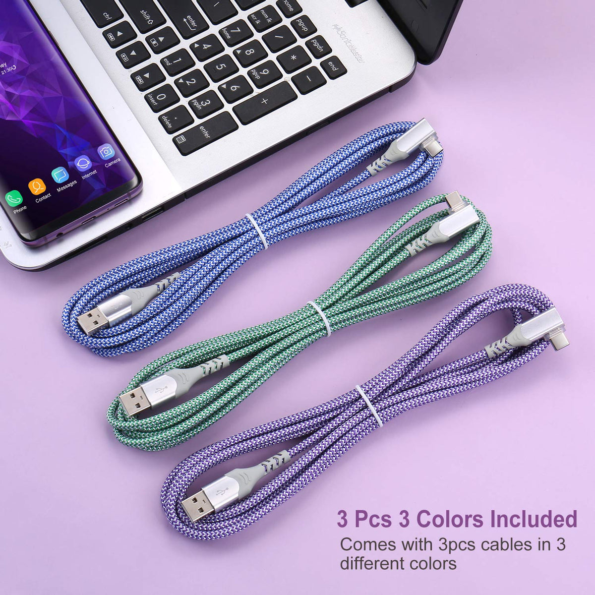 USB C Cable Fast Charging,3Pack 10ft Nylon Right Angle USB A to USB C Cable