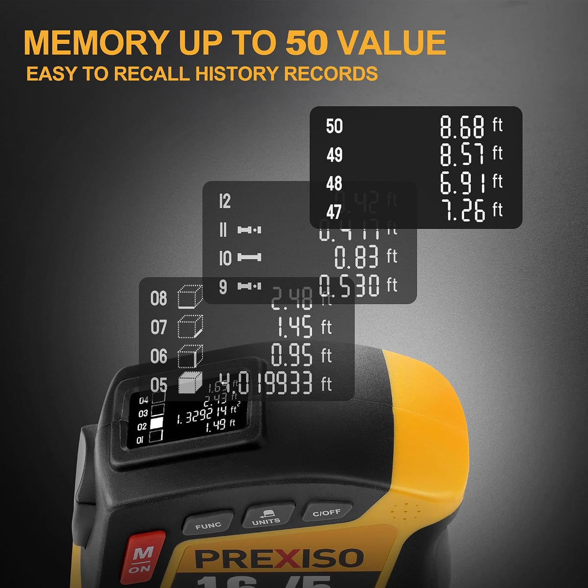 PREXISO 2-in-1 Digital Tape Measure, 16Ft Rechargeable Measuring Tape | Auto Lock Digital Measuring Tape Magnetic, Ft/Ft+in/in/M/CM/MM - Metric & Inch Measurement Tape Pythagorean, Area, Volume