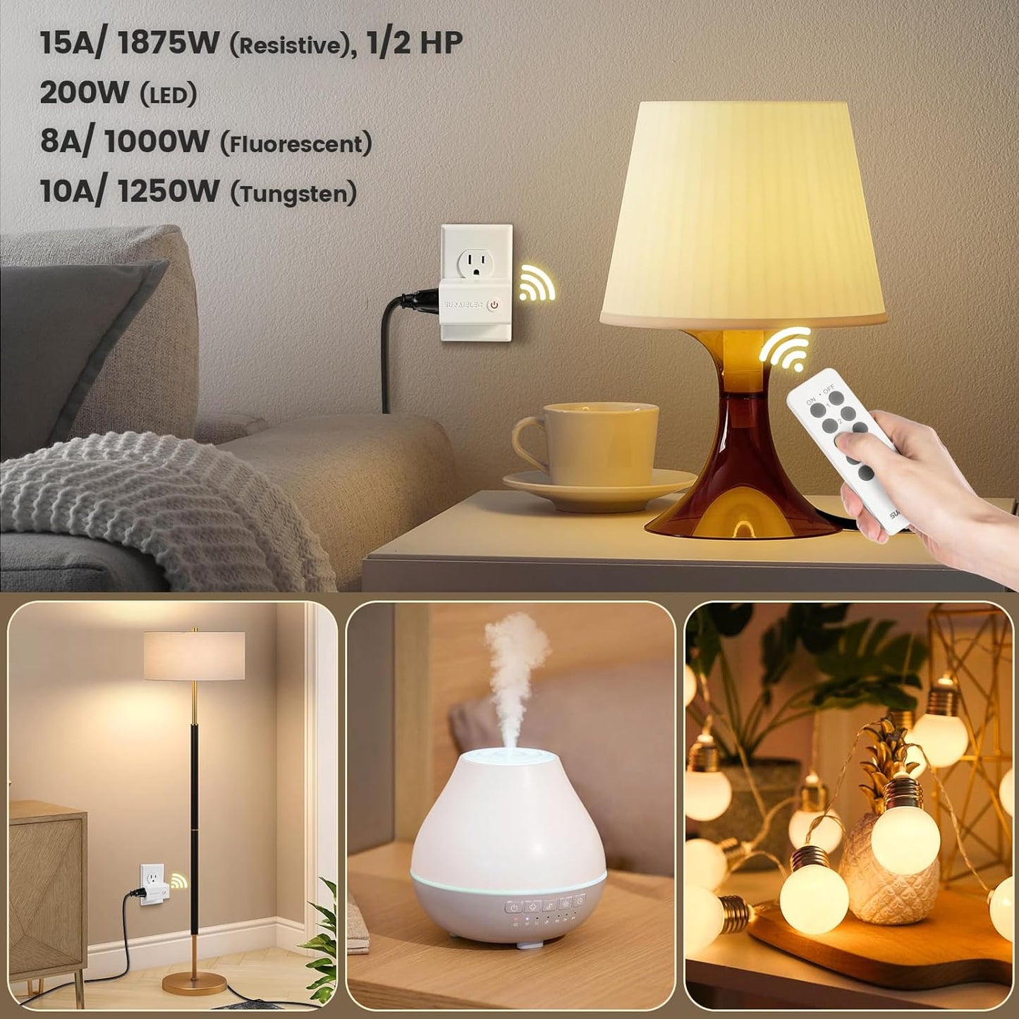 SURAIELEC Remote Control Outlet, Wireless Remote Light Switch, 100 FT, 15A/1875W, Expandable Indoor Compact Side Outlet Plug for Lamps, Fans, Christmas Trees, Small Appliances, 5 Outlets + 2 Remotes