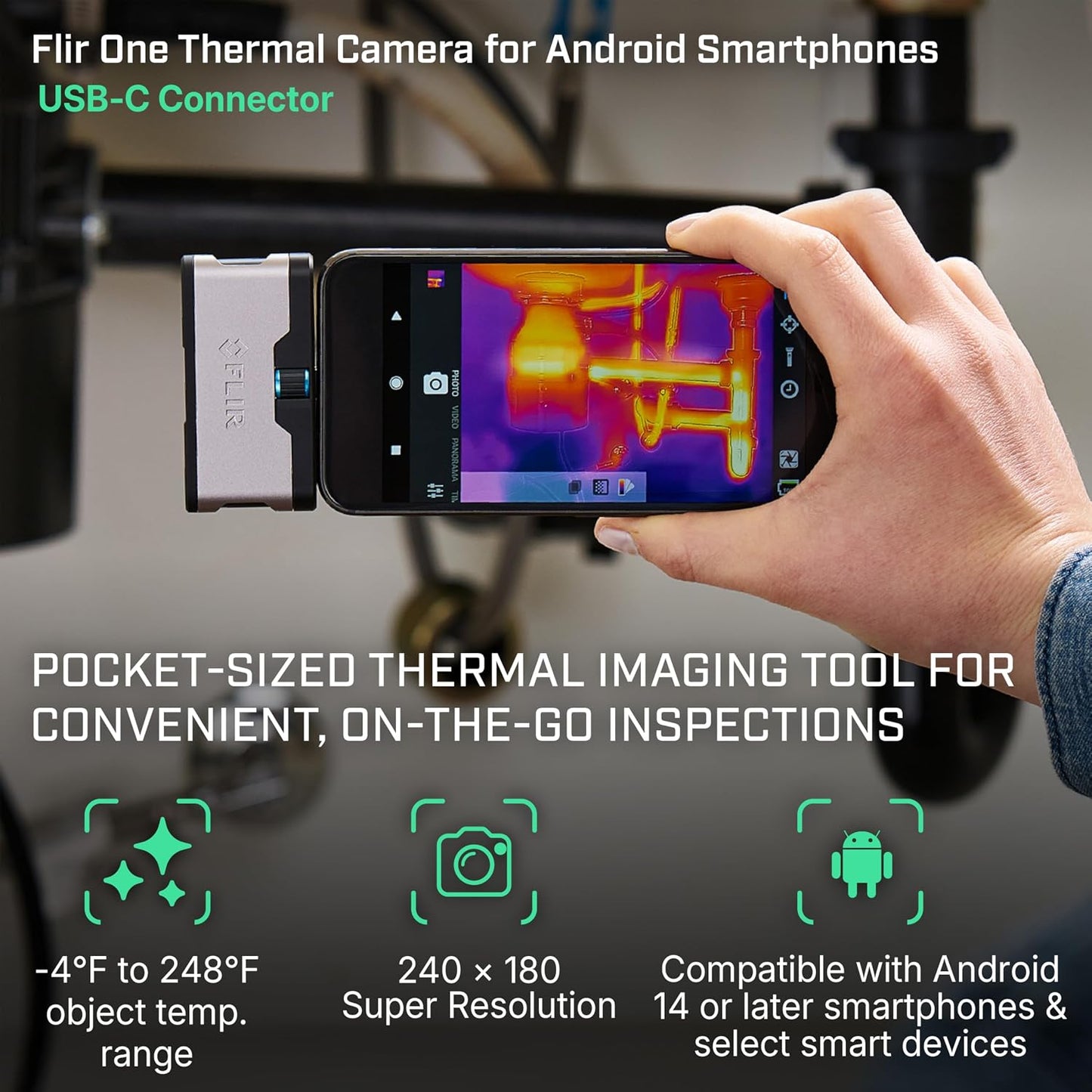 Flir One Thermal Imaging Camera for Android USB-C, 240x180 MSX | Samsung/Pixel USB-C, 80x60 native IR, MSX, inspection guides, 1.5m drop, case, USB cable