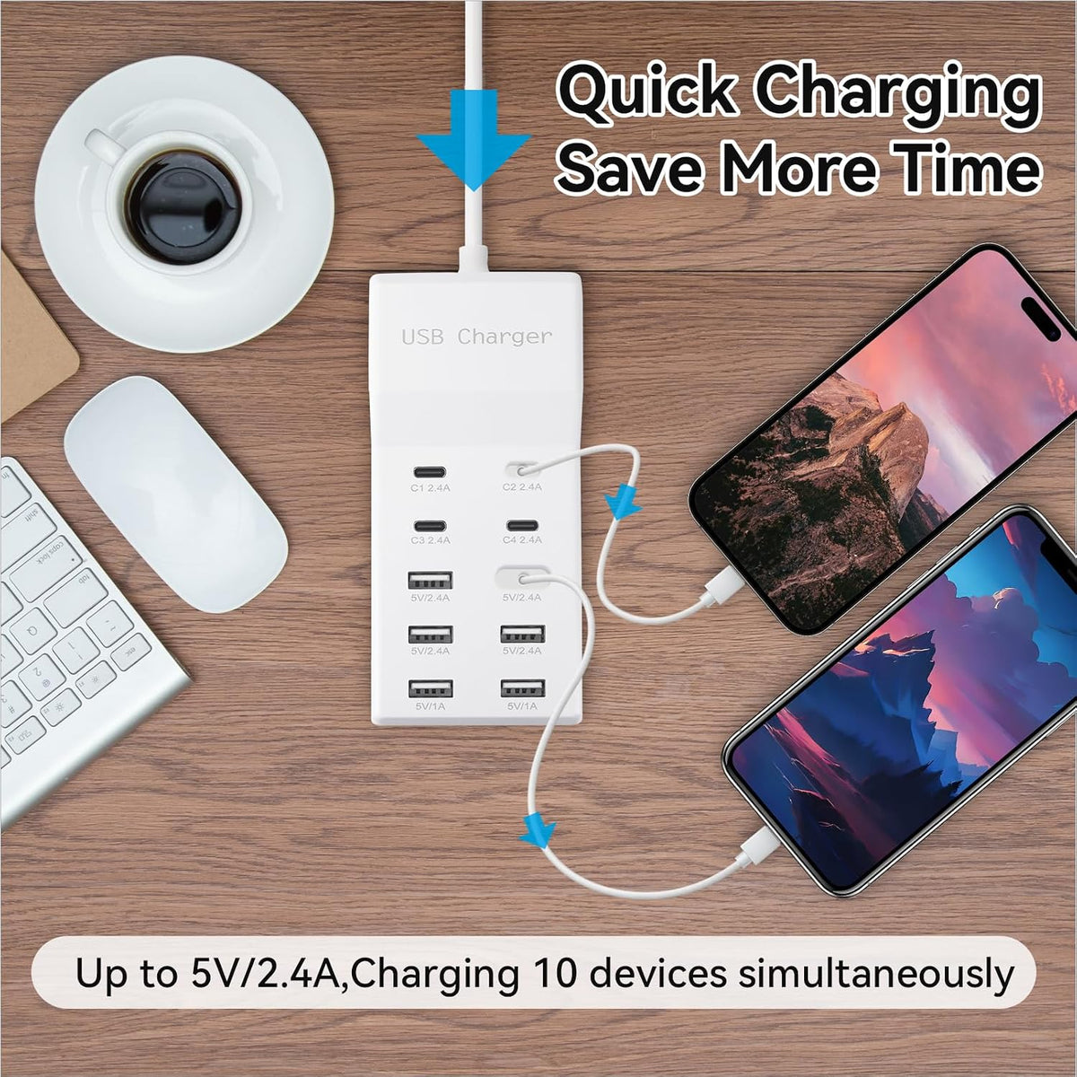 USB Power Strip Charging Station, 10-Port 6A+4C Multi Charger Block | 50W 10A Total Output, Auto-Detect Tech, Compatible with iPhone, Samsung, iPad Multi Device Home Office Travel Use