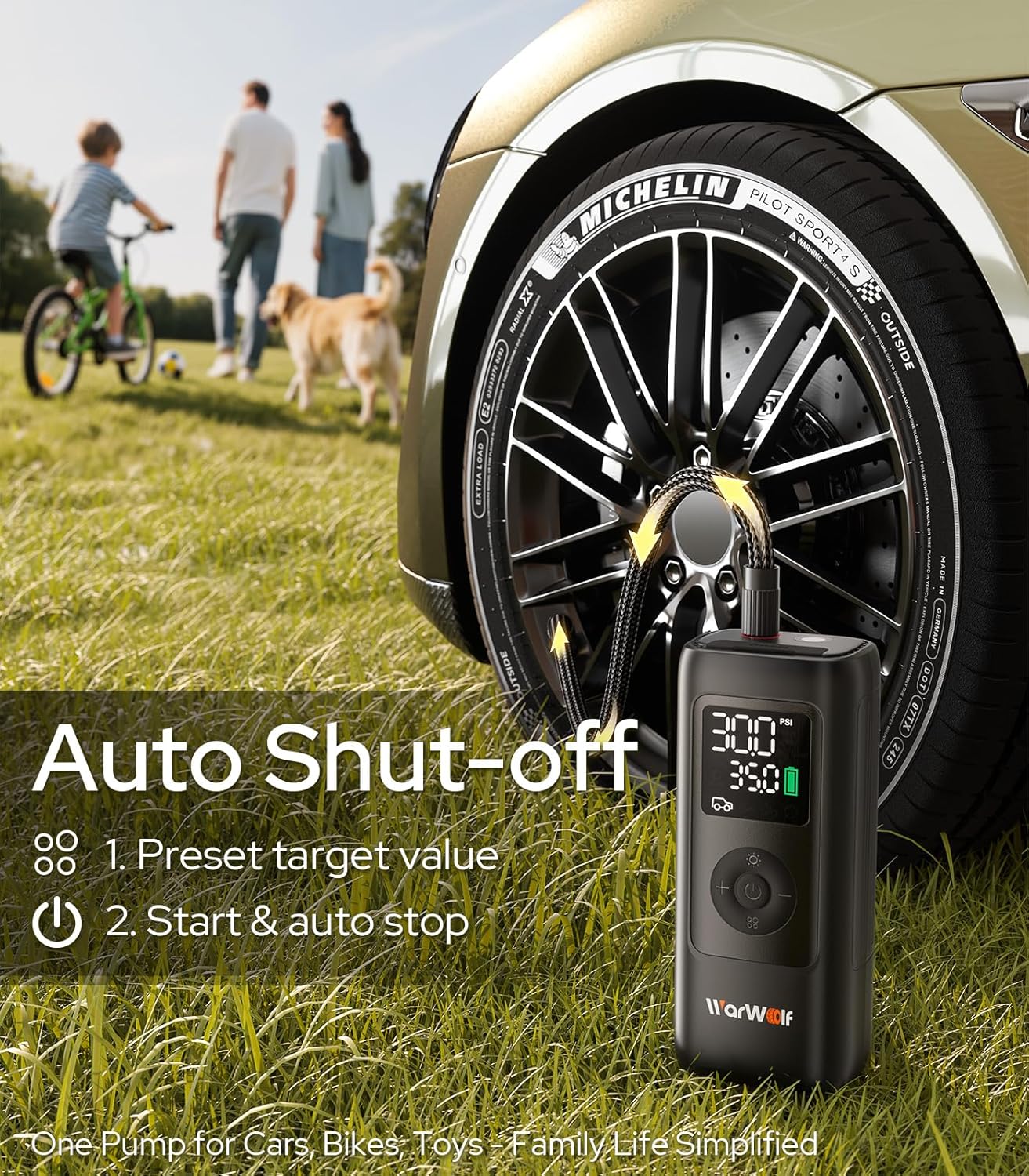 WARWOLF 160PSI Tire Inflator Portable Air Compressor, Electric Air Pump for Car Tires with Pressure Gauge, Dual Power 12V DC, LED Light, Auto Shut-Off, Tire Pump for Auto, Motorcycle, Bicycle, Balls