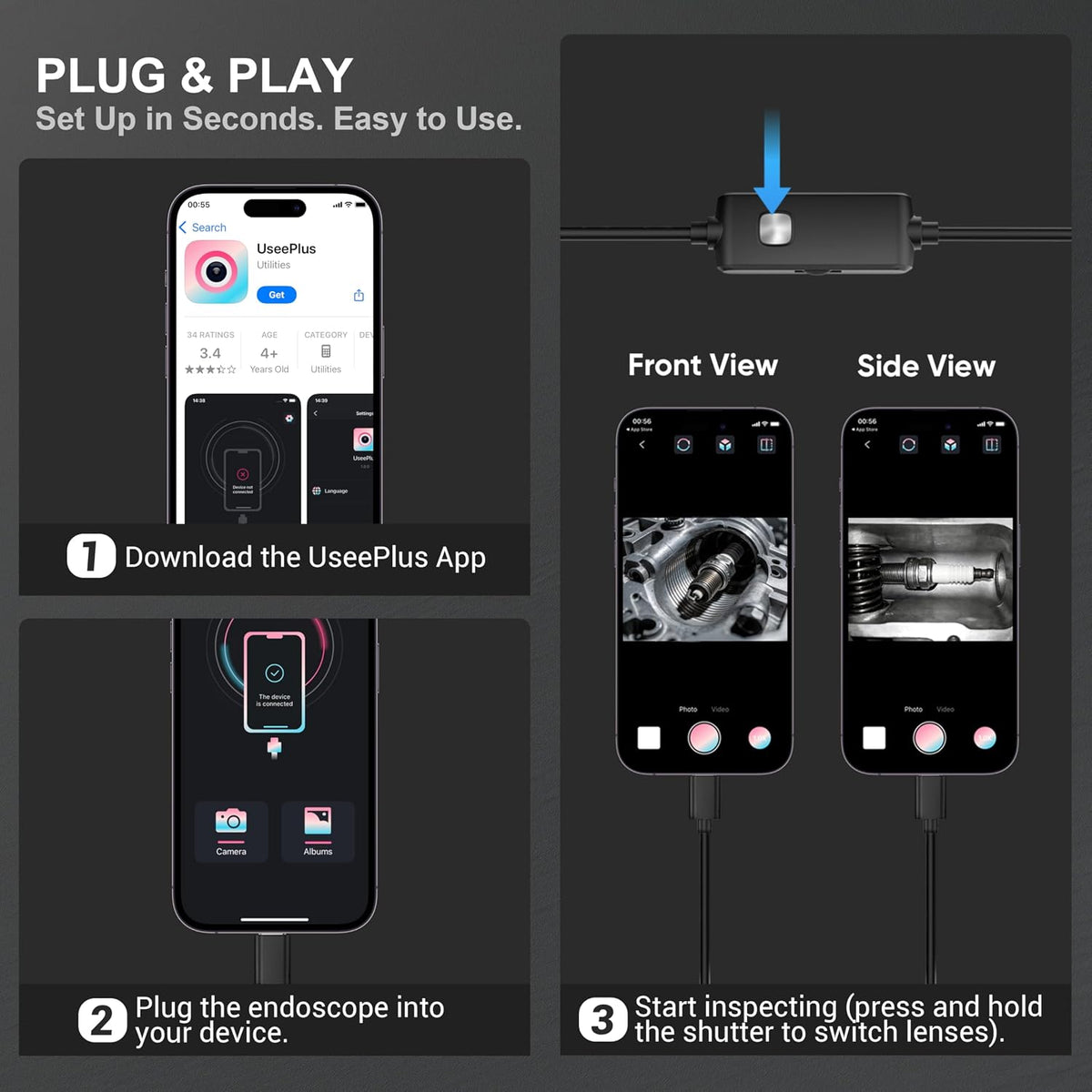 Dual-Lens Endoscope Camera with Light, 1920P HD Borescope Inspection Camera | IP67 Waterproof Endoscope with 8+1 Adjustable LED Lights and 16.4FT Semi-Rigid Snake Cable for iOS and Android
