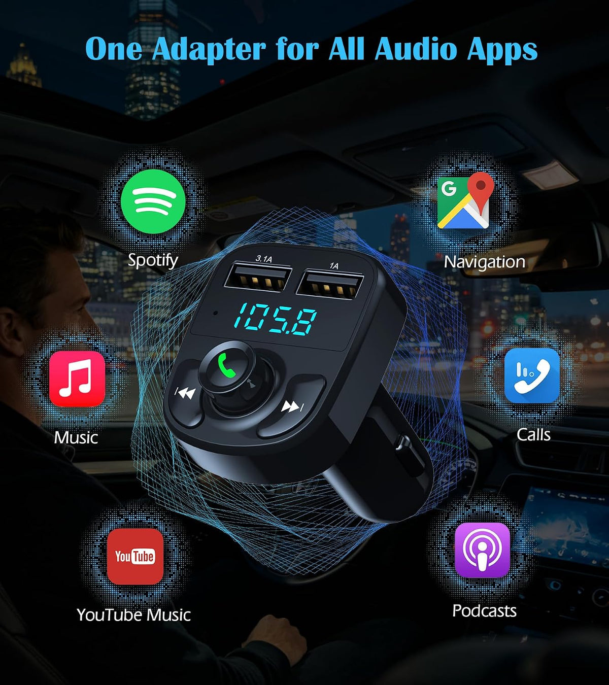 LIHAN Bluetooth Car Adapter 5.3, FM Transmitter, Dual USB Charger | Stream music, Spotify and GPS navigation with hands-free calling while charging two devices through dual USB ports
