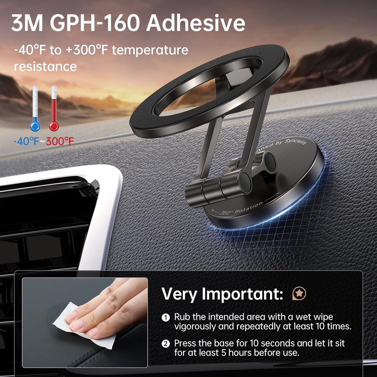 Syncwire Fits MagSafe Car Mount Magnetic Phone Holder for Dash and Tesla | Strong Magnets, All Metal, Flexible 3 Axis, 360° Rotation, Dashboard and Screen Support, For iPhone 17 16 15 14 Pro Max