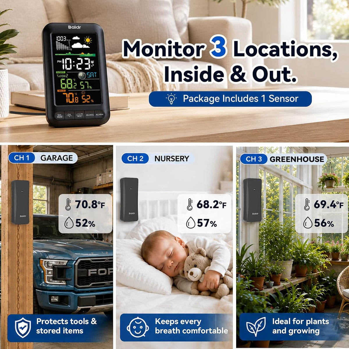 BALDR Wireless Indoor Outdoor Thermometer Weather Station Remote Sensor