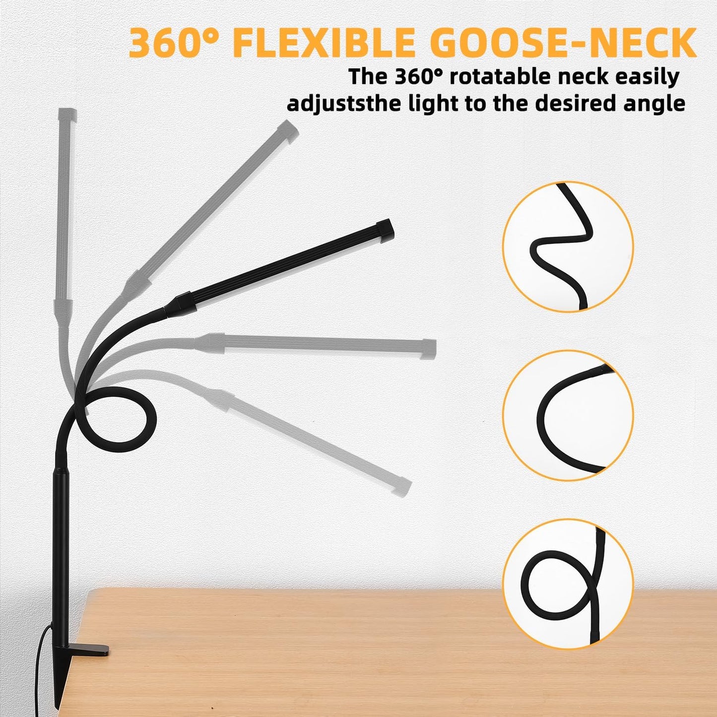 LED Desk Lamp with Clamp, Clip on Lights for Home Office, Black | 3 Modes 10 Brightness, Long Flexible Goose-Neck, Eye-Caring, Memory Function, Energy Efficient, USB Adapter, Metal