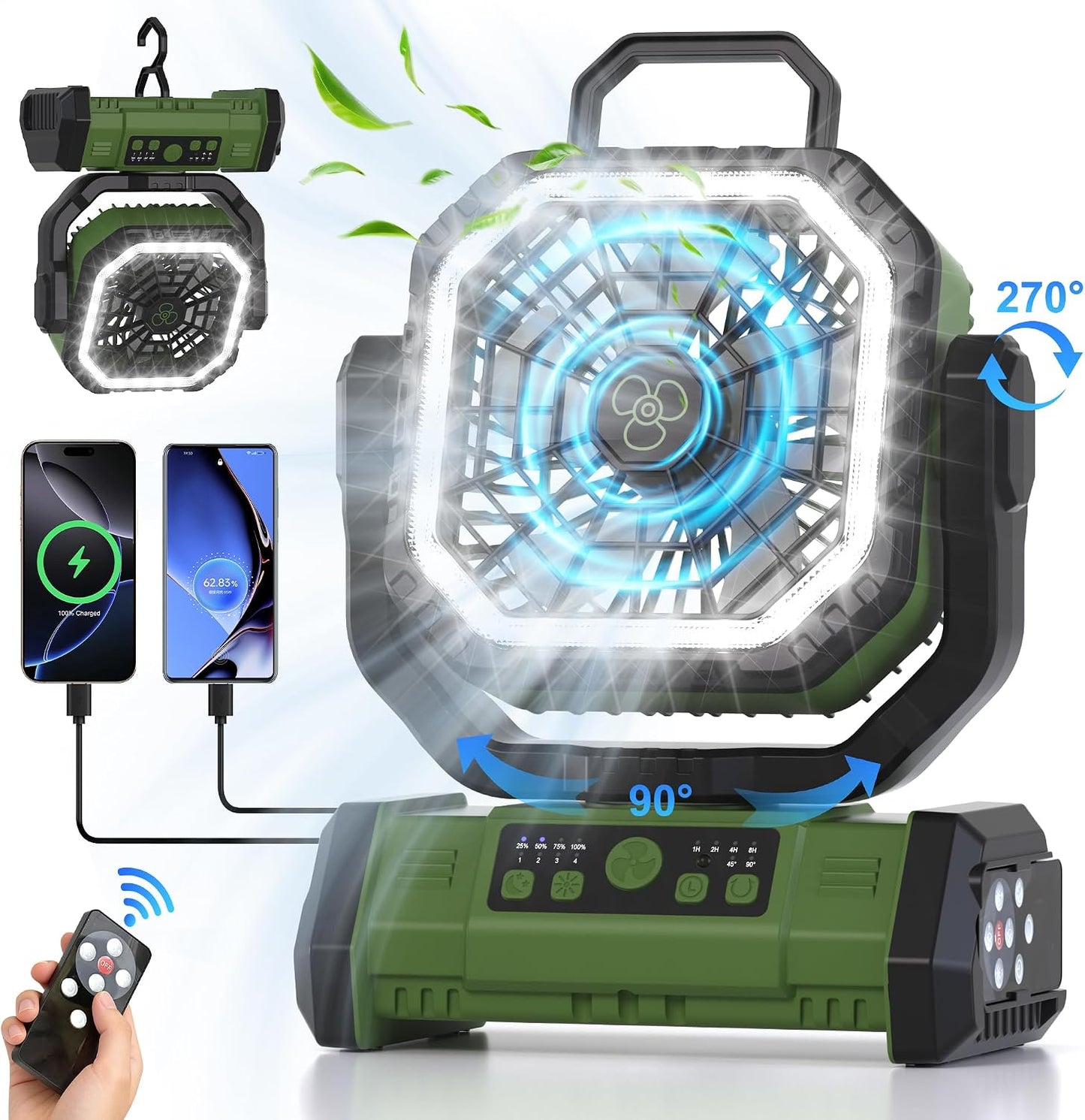 Honesorn 20000mAh Battery Powered Fan with LED Light & Remote, Green | 45°/90°Oscillating, Hanging Hook, 4 Speeds, 8H Timer, USB-C Charging, for Camping, Tent, Travel, Outdoor