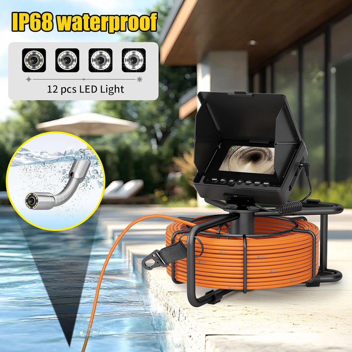 Sewer Camera 100FT/30M Borescopes Plumbing Snake Pipe Inspection Camera 22mm with 8500Mah Battery 4.3" IPS Screen 12 LEDs HD 1000TVL (22MM NO DVR Function)