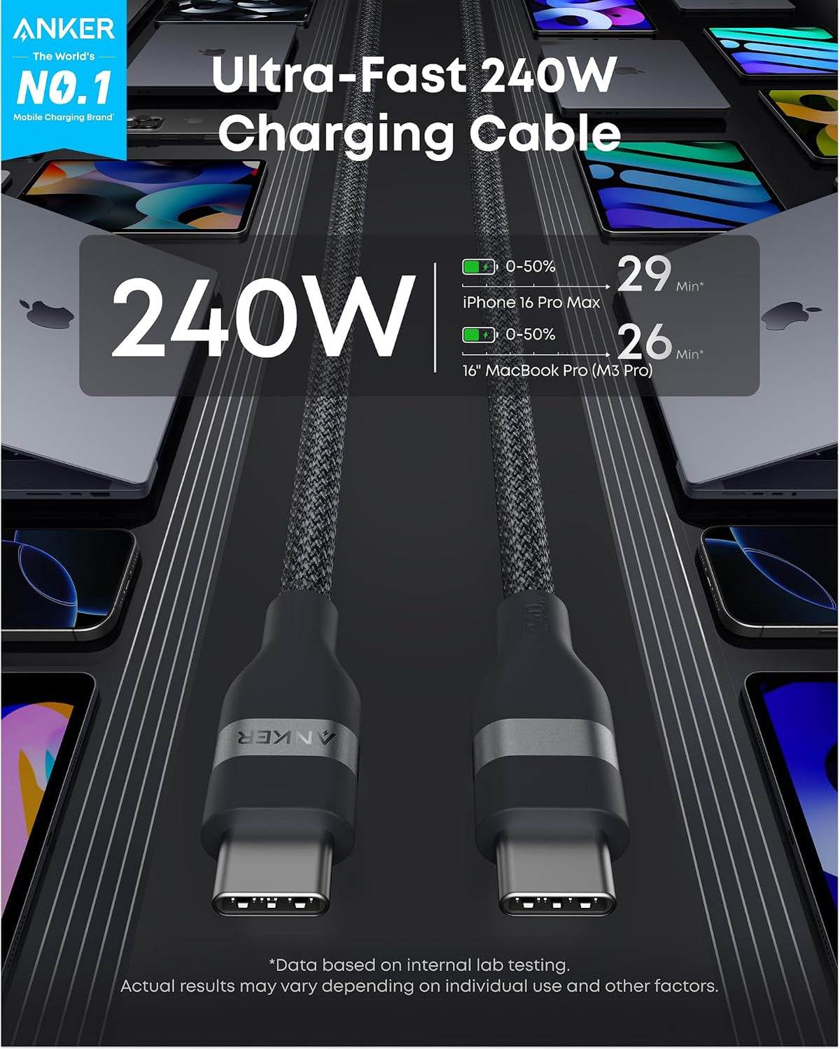 Anker Nano USB C to USB C Cable, 240W Fast Charging Cable (Black, 6ft)