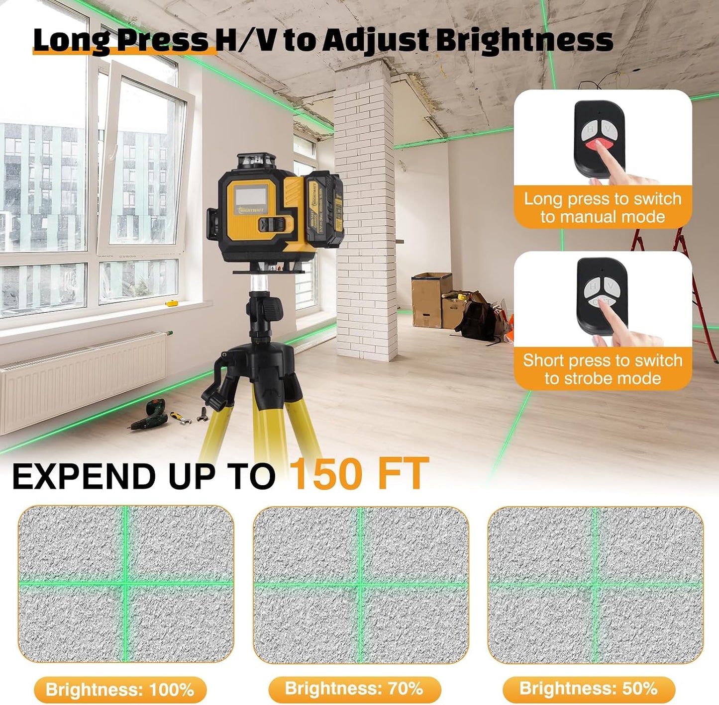 4D 16 Line 360° Self Level Green Laser Level Kit Tripod Battery Bracket | 360° all around Laser Lines Auto Self Leveling Function High Precision Layout Tool