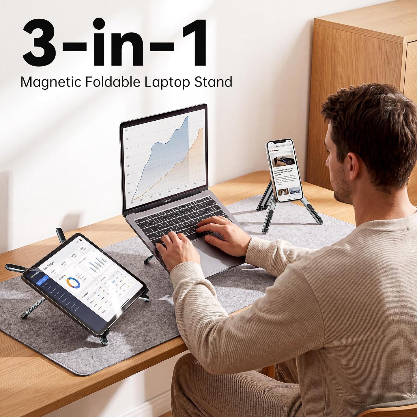 Portable Laptop Stand, 3-in-1 Magnetic Foldable Adjustable, for Desk（Gray） | Aluminum alloy, lightweight compact, 8-level height, ergonomic, for phone/tablet, home office/travel