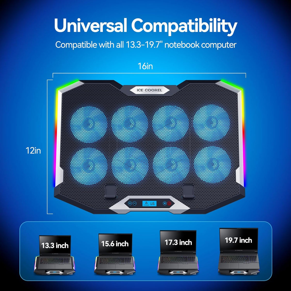 Gaming Laptop Cooling Pad with 8 Cooling Fans, Laptop Fan Cooler Pad for 15-17.3 Inch, Notebook Cooler Stand with 6 Height Adjustable, RGB Cooling Pad with Two USB Port + Phone Stand