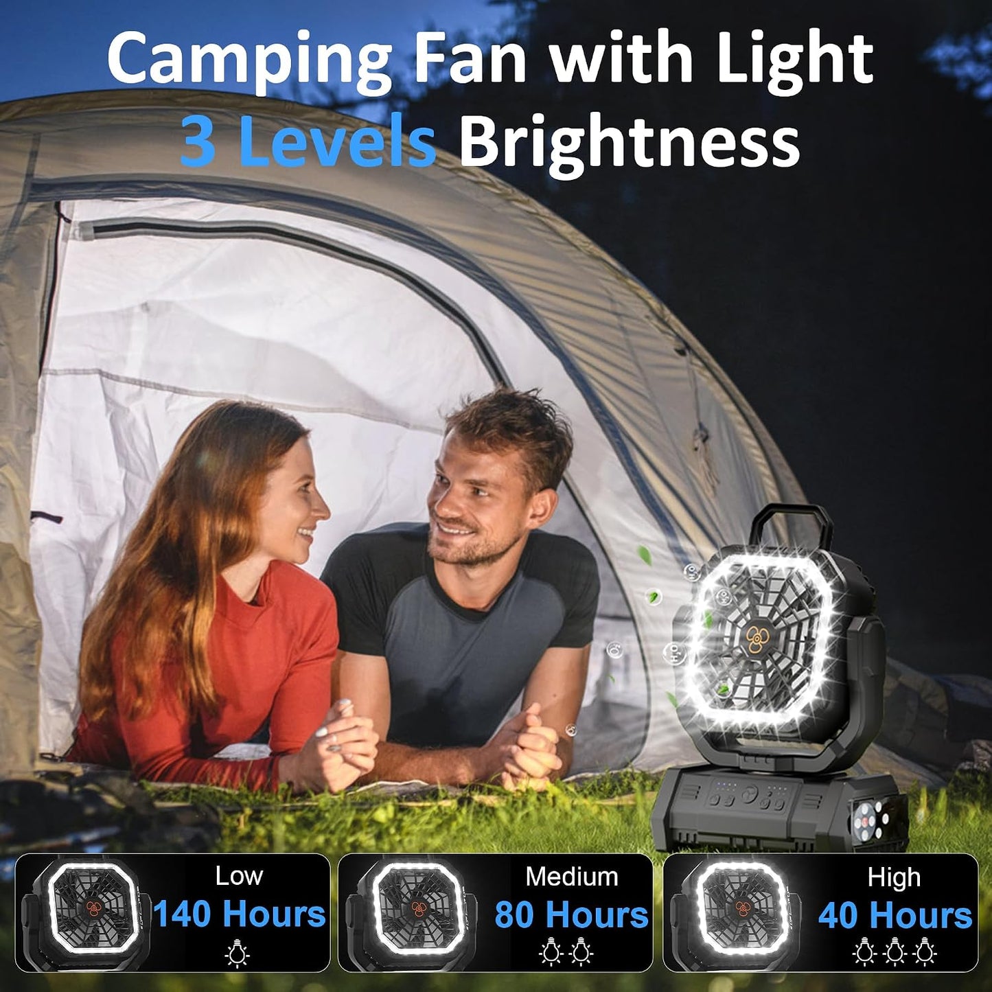 Honesorn 20000mAh Camping Fan Rechargeable with LED & Light Remote, Black | Up to 60H Runtime, 45°/90°Oscillating, Hanging Hook, 4 Speeds, 8H Timer, USB-C Charging, for Camping, Tent, Travel, Outdoor