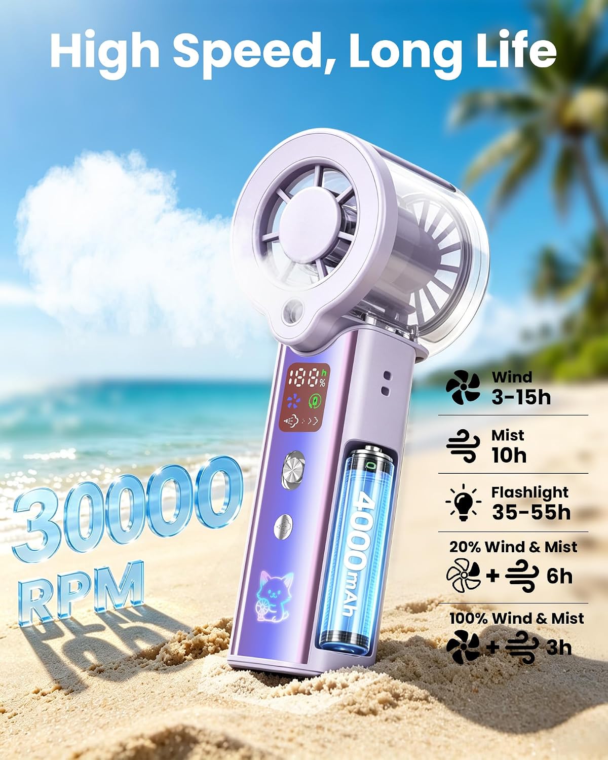 Portable Misting Fan with Mist, 3-in-1 Rechargeable Handheld 4000mAh | Adjustable mist mode, 100-speed wind control, LED display, power bank function, 30000RPM, compact & lightweight