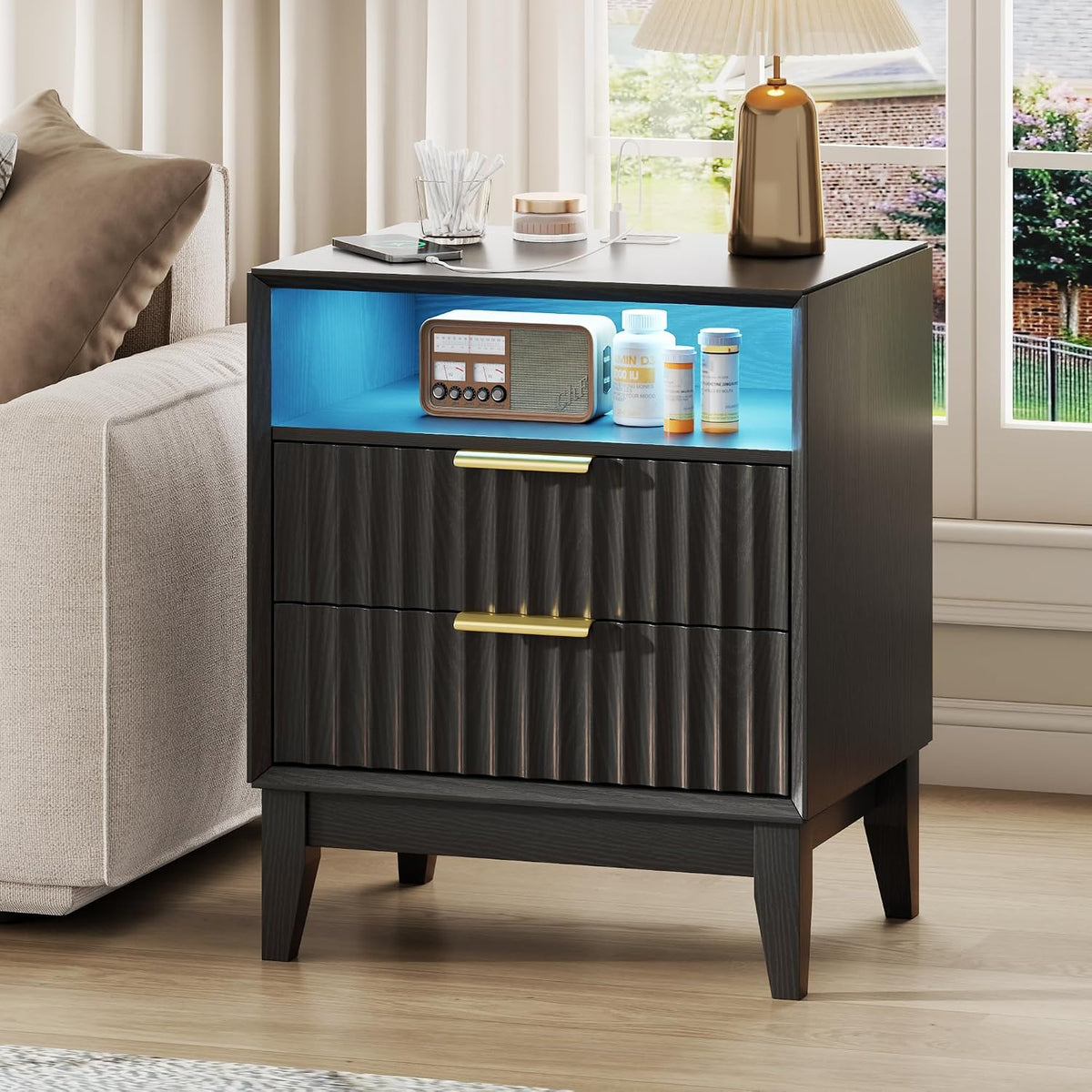 LVSOMT 20“ W Fluted LED Nightstand with Charging Station, RFID Lock, Black