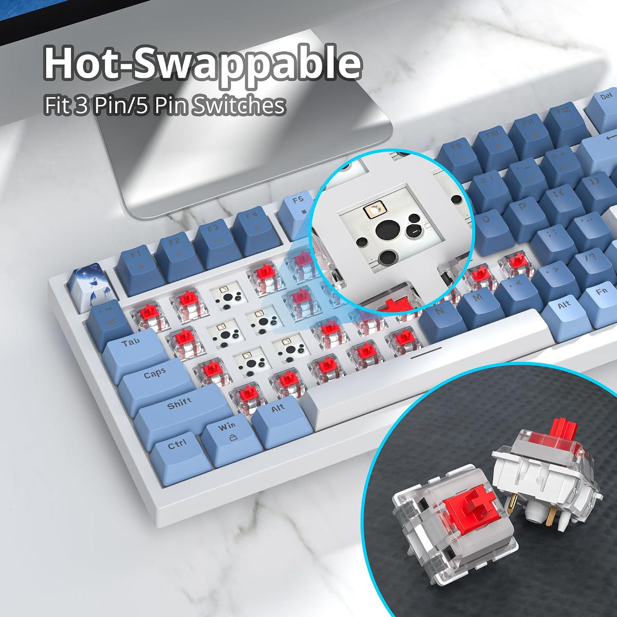 Guffercty kred 75% Percent Blue Keyboard Gasket Mount with Knob, Hot-swappable RGB Wired Mechanical Gaming Keyboard Programmable for Mac/Win (82 Sea Fog Blue)