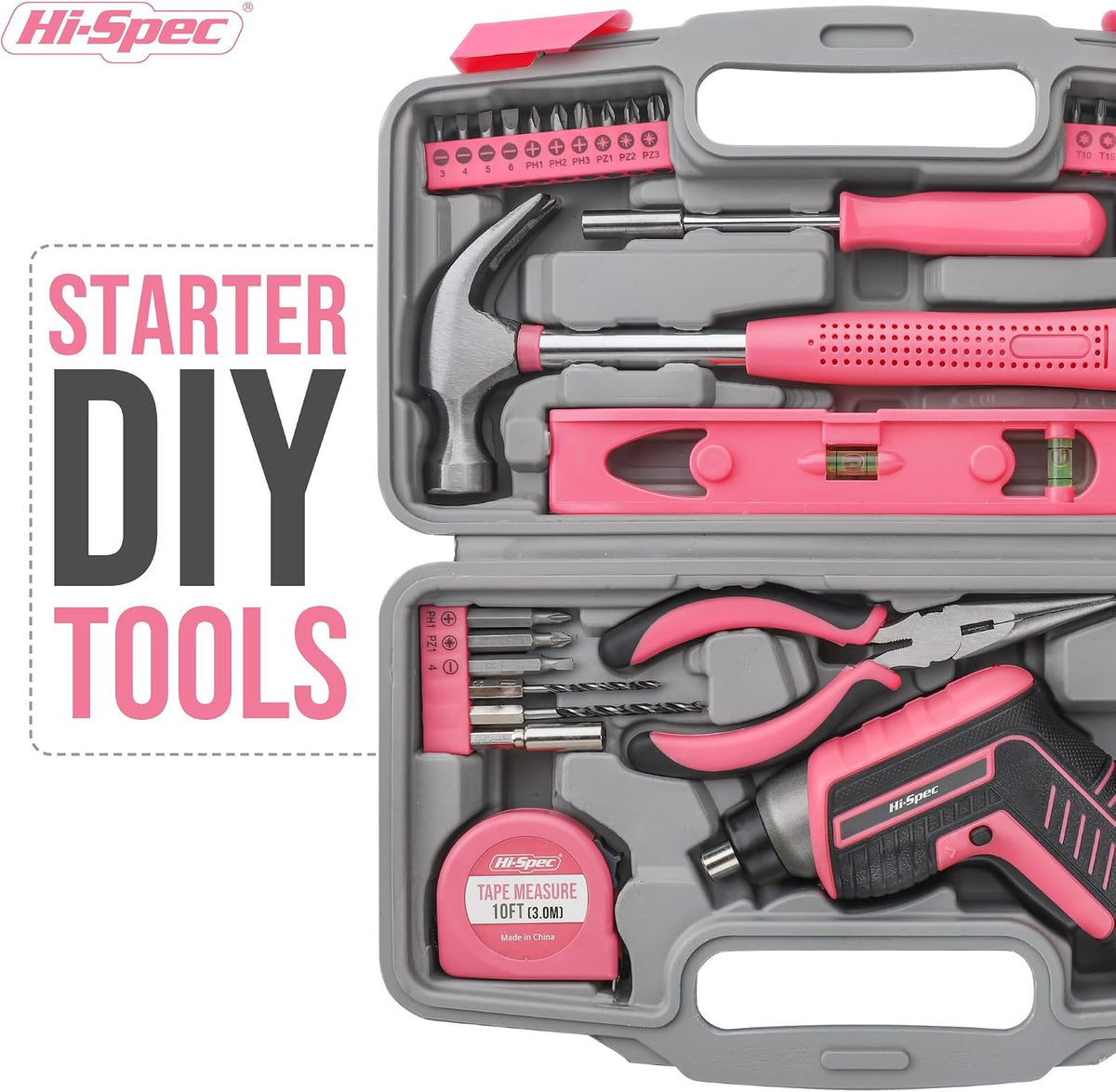 Hi-Spec 3.6V USB Electric Screwdriver for Home Repairs and Assembly, Pink | 35pc, fast assembly help, common screw bit selection, LED visibility, compact grip, quick household fixes, organized storage