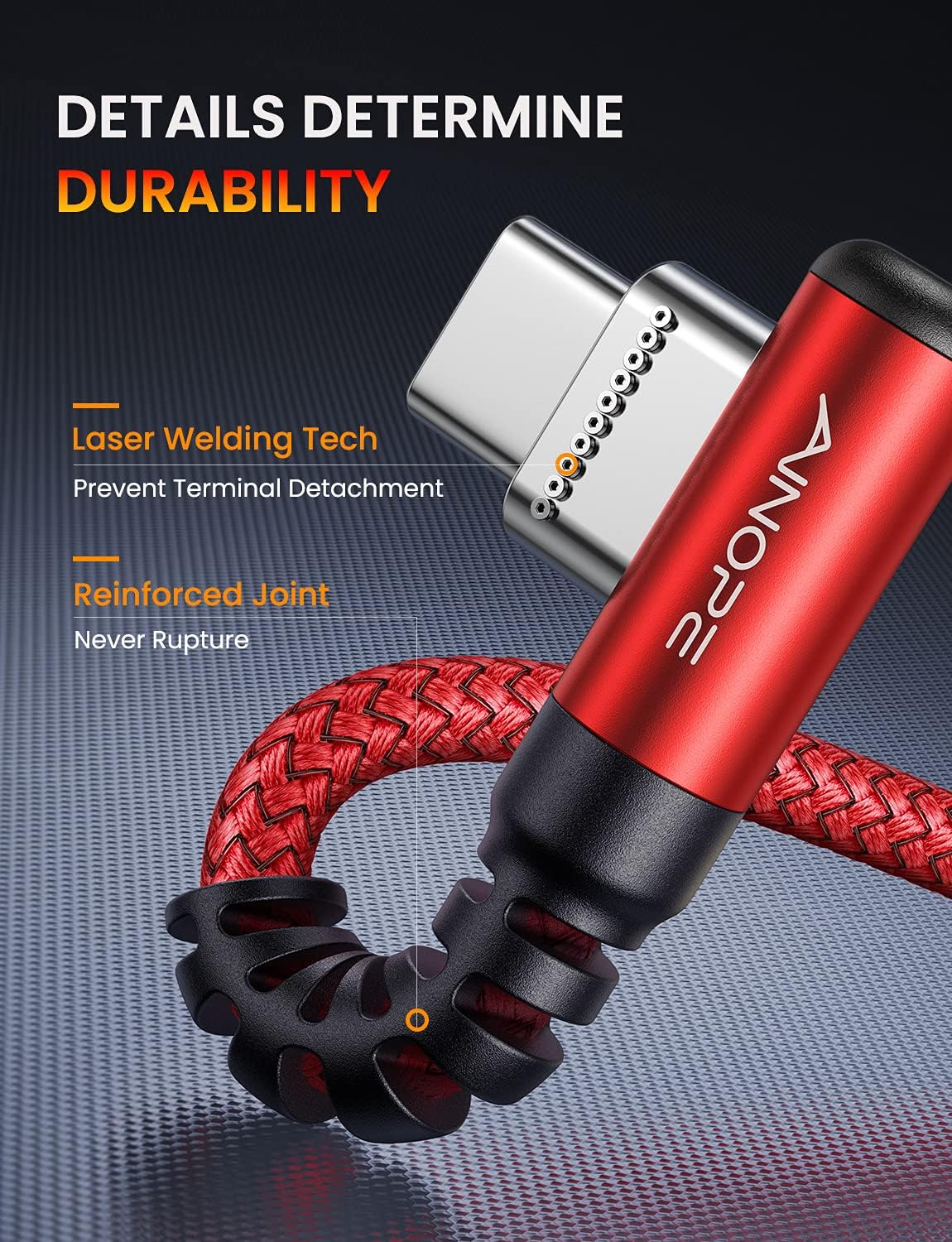 AINOPE USB C Cable 60W 2-Pack 6.6ft Nylon Braided USB C to USB C Cable Type C Charger Fast Charging Right Angle USBC Cable Charger Cord for iPhone 16 Pro Max 15 Plus Samsung S24 S23 iPad Pro Red