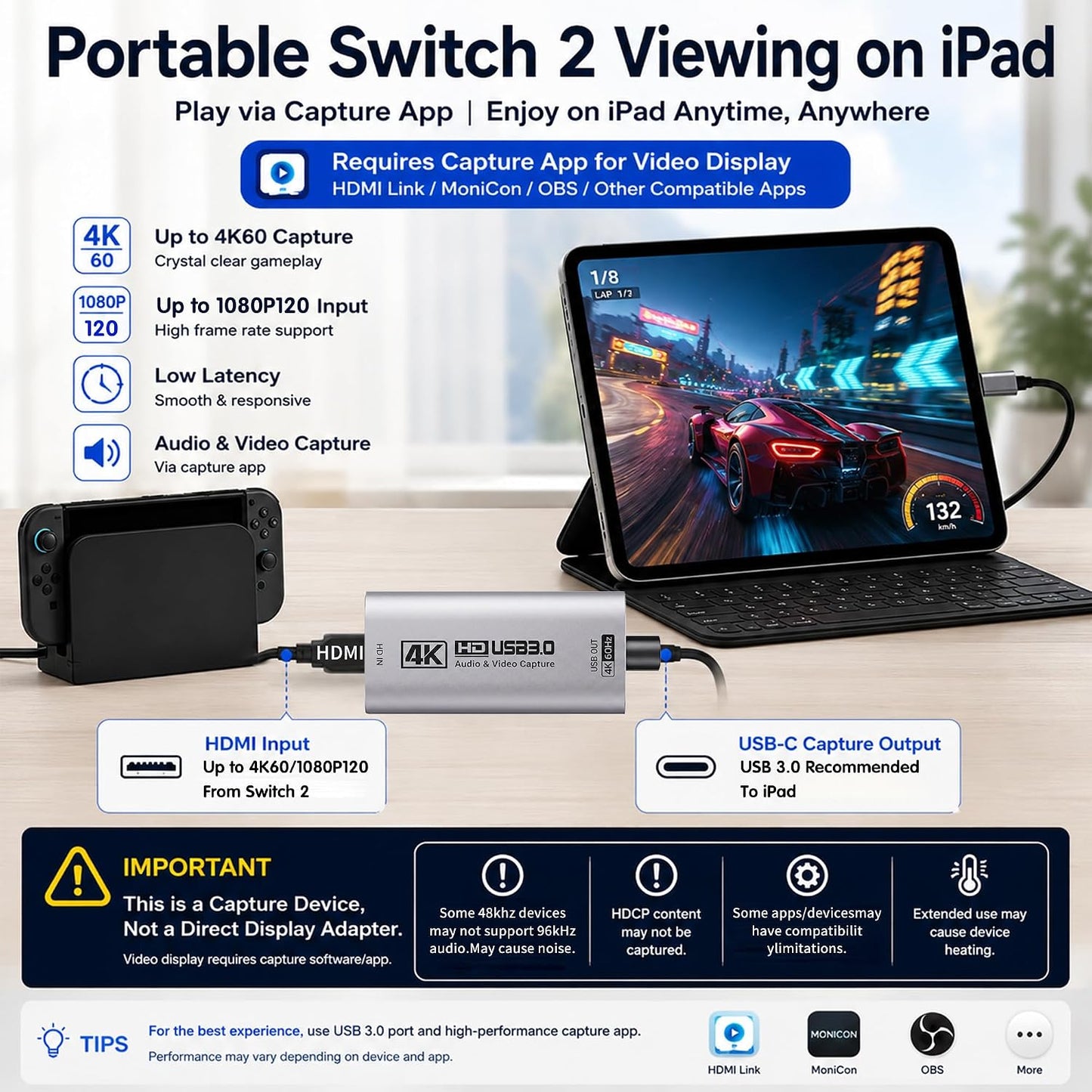 Guermok HDMI Capture Card, USB 3.0 HDMI to USBC Video Capture Card, 4K60FPS | 2K 120FPS Capture Card for Streaming, Works with iPad, Switch 2/1, PS5/4, Xbox, Quest 3, Mac OS, Windows, Zoom, OBS, Camera