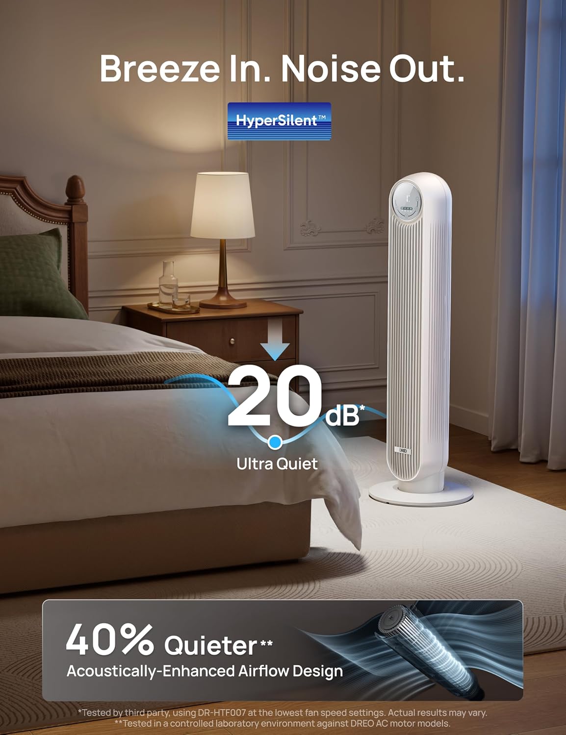 DREO Smart Tower Fan for Bedroom, 28ft/s, 20dB Ultra Quiet Fan, 8 Speeds | 2026 Upgraded DC Motor, 90° Oscillating Floor Fan, WiFi Voice Control, 4 Modes 8H Timer, Bladeless Standing Fans with Remote