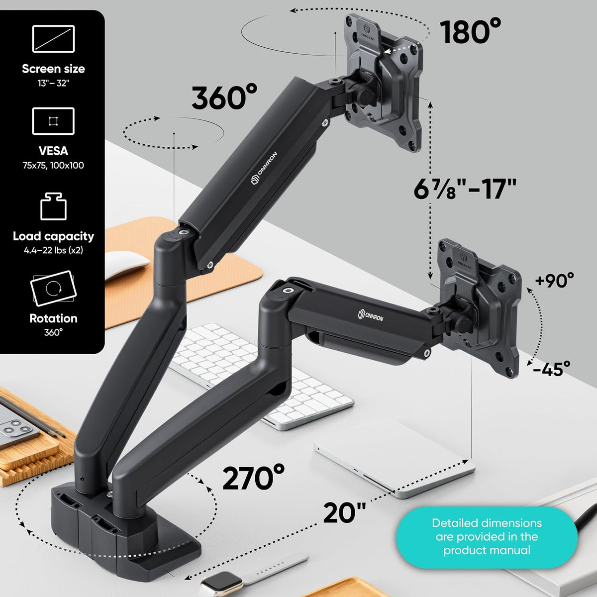 ONKRON Dual Monitor Arm 13-32 Inch, 22 lbs (x2), max VESA 100x100, Black