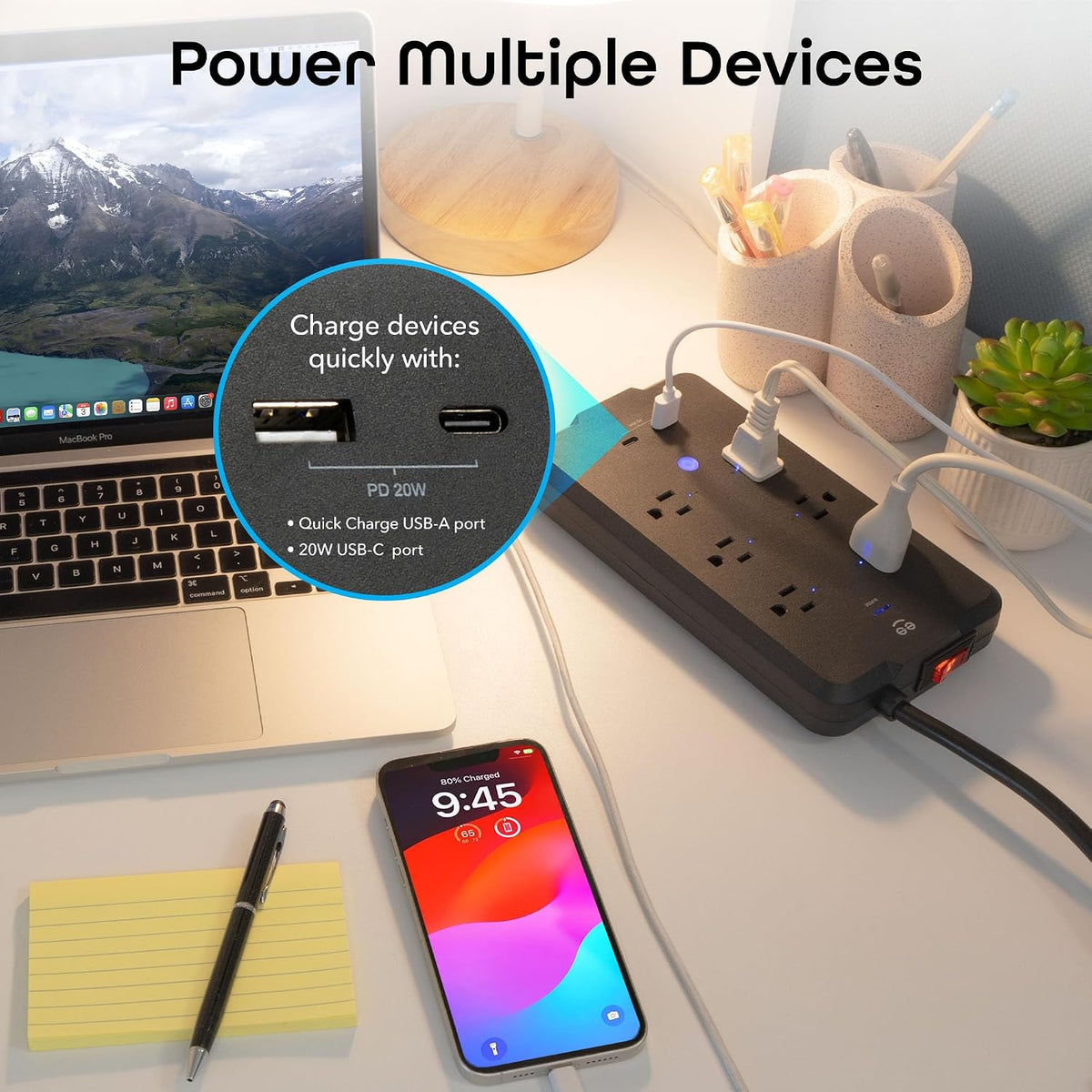 Geeni Smart Plug Power Strip, 6 Outlets & 2 USB Ports, Surge, 6 ft., Black