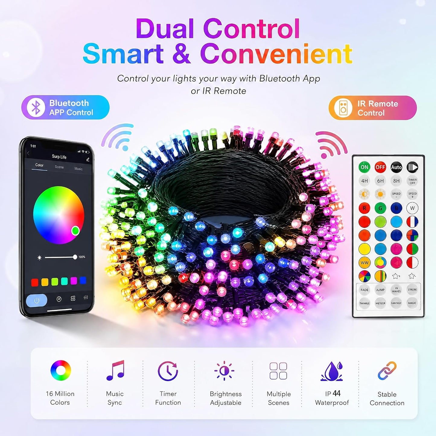 Dazzle Bright Smart Christmas String Lights, 98FT 300 LED RGB Color Changing String Lights with Remote & App Controlled, Halloween Decorations for Indoor Outdoor Holiday Xmas Tree Party Decor