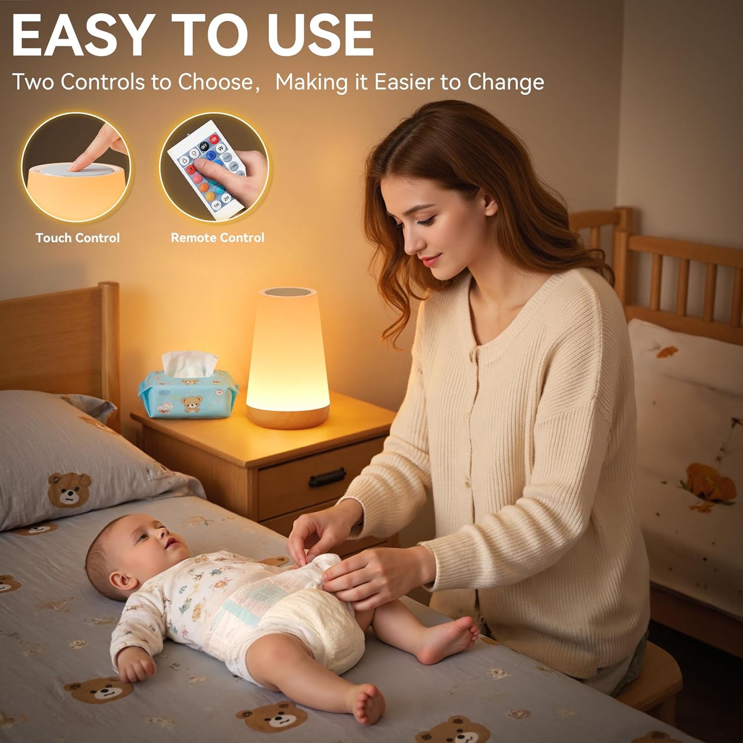 Auxmir Rechargeable Night Light, Remote Control Lamp, Light Brown-2 Pack | touch control, 13 colors, 5 brightness levels, 4 lighting modes, 1/2/4/6-hour auto-off, portable for nursery and camping